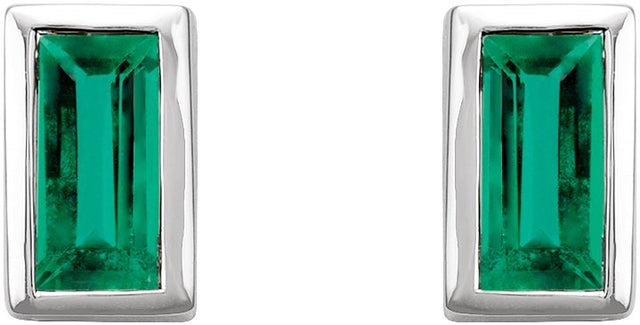 Platinum Natural Emerald Straight Baguette Bezel-Set Stud Earrings - view 4