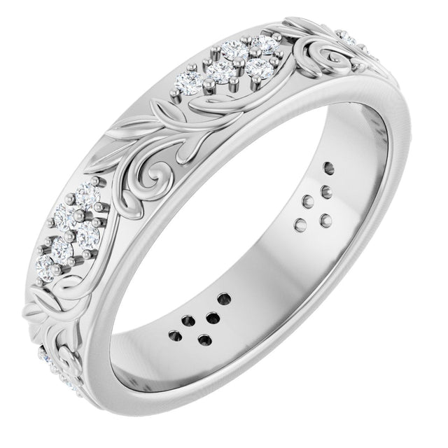 Platinum Round Lab-Grown Diamond Accented Floral Band - 1.5mm Stones