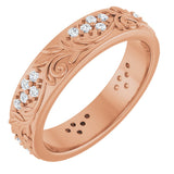 14K Gold Round Natural Diamond Accented Floral Band - 1.5mm Stones - Rose Gold