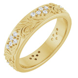 14K Gold Round Natural Diamond Accented Floral Band - 1.5mm Stones - Yellow Gold
