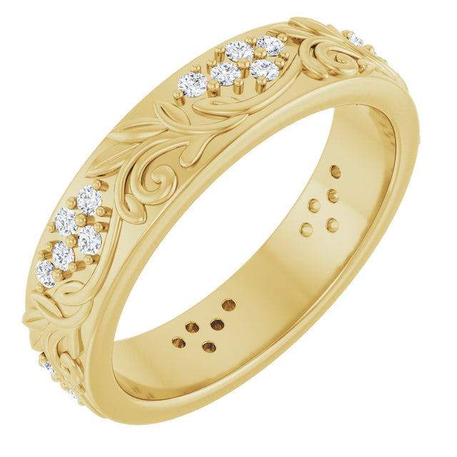 14K Gold Round Natural Diamond Accented Floral Band - 1.5mm Stones - Yellow Gold