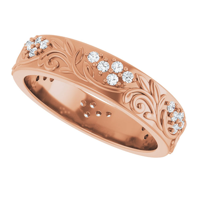 14K Gold Round Lab-Grown Diamond Accented Floral Band - 1.5mm Stones - Rose Gold - view 5