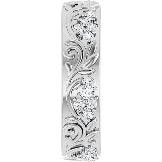 Platinum Round Lab-Grown Diamond Accented Floral Band - 1.5mm Stones - view 4