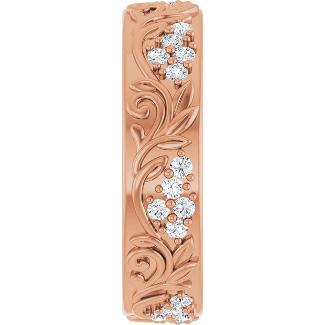 14K Gold Round Lab-Grown Diamond Accented Floral Band - 1.5mm Stones - Rose Gold - view 4