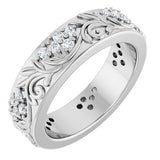 14K Gold Round Natural Diamond Accented Floral Band - 1.5mm Stones - White Gold