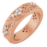 14K Gold Round Natural Diamond Accented Floral Band - 1.5mm Stones - Rose Gold