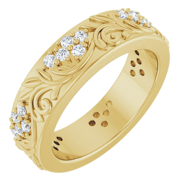 14K Gold Round Natural Diamond Accented Floral Band - 1.5mm Stones - Yellow Gold