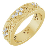 14K Gold Round Lab-Grown Diamond Accented Floral Band - 1.5mm Stones - Yellow Gold