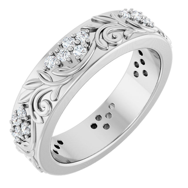 14K Gold Round Natural Diamond Accented Floral Band - 1.5mm Stones - White Gold
