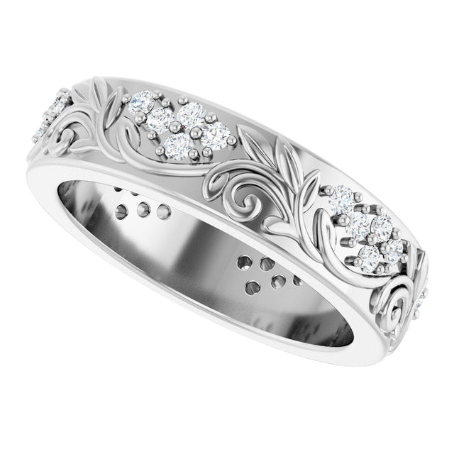 14K Gold Round Lab-Grown Diamond Accented Floral Band - 1.5mm Stones - White Gold - view 5