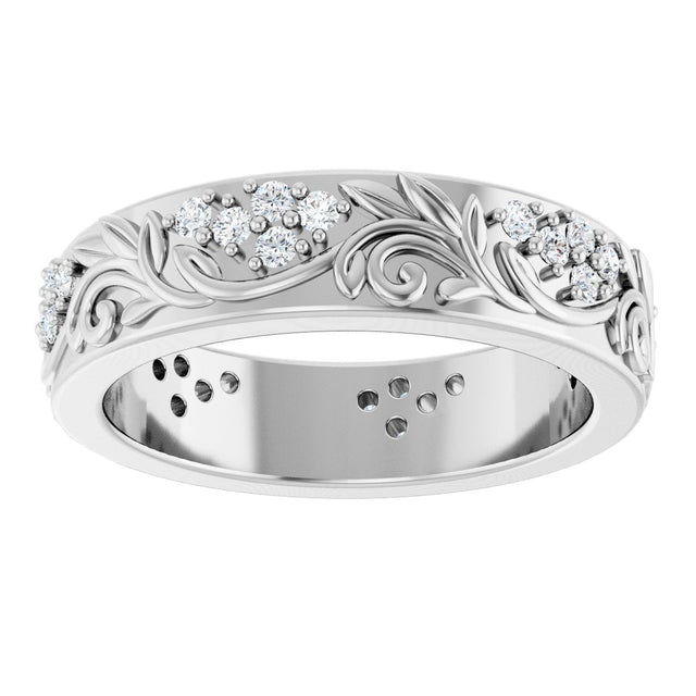 14K Gold Round Lab-Grown Diamond Accented Floral Band - 1.5mm Stones - White Gold - view 3