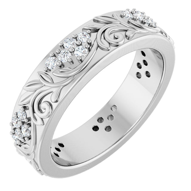 Platinum Round Lab-Grown Diamond Accented Floral Band - 1.5mm Stones