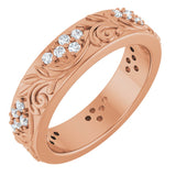 14K Gold Round Natural Diamond Accented Floral Band - 1.5mm Stones - Rose Gold