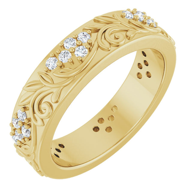 14K Gold Round Lab-Grown Diamond Accented Floral Band - 1.5mm Stones - Yellow Gold