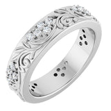 14K Gold Round Natural Diamond Accented Floral Band - 1.5mm Stones - White Gold