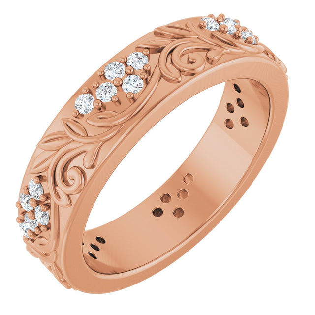 14K Gold Round Lab-Grown Diamond Accented Floral Band - 1.5mm Stones - Rose Gold