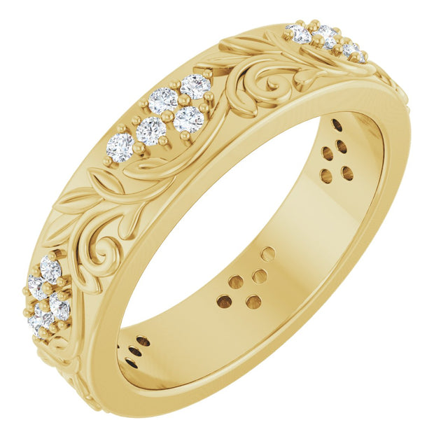 14K Gold Round Natural Diamond Accented Floral Band - 1.5mm Stones - Yellow Gold