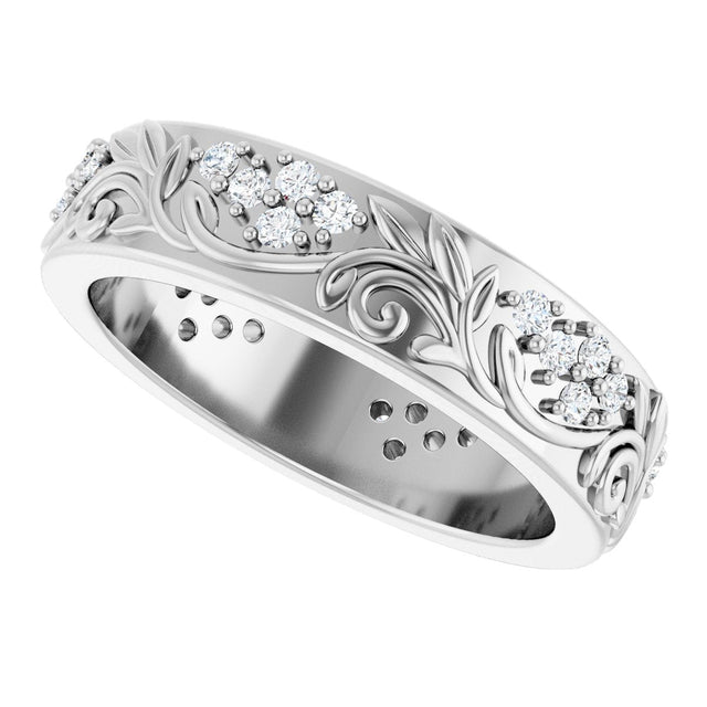 14K Gold Round Lab-Grown Diamond Accented Floral Band - 1.5mm Stones - White Gold - view 5