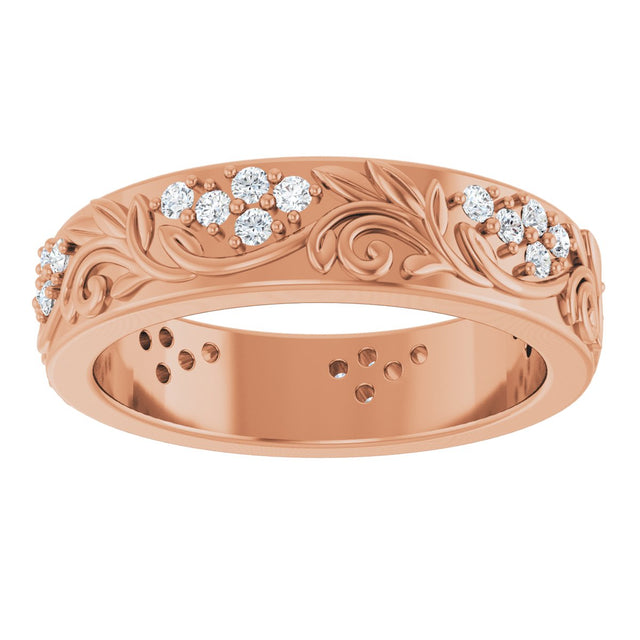 14K Gold Round Lab-Grown Diamond Accented Floral Band - 1.5mm Stones - Rose Gold - view 3