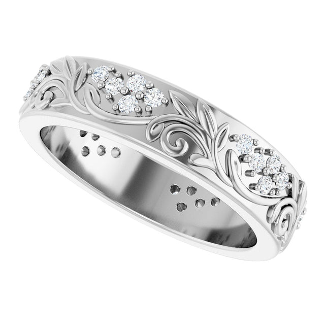 14K Gold Round Lab-Grown Diamond Accented Floral Band - 1.5mm Stones - White Gold - view 5