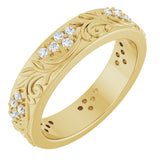 14K Gold Round Natural Diamond Accented Floral Band - 1.5mm Stones - Yellow Gold