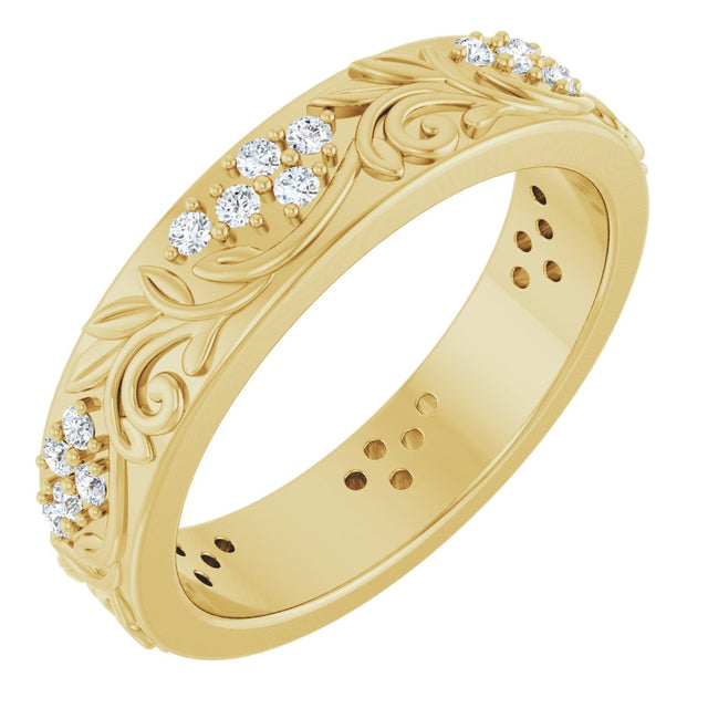 14K Gold Round Natural Diamond Accented Floral Band - 1.5mm Stones - Yellow Gold