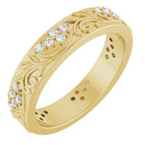 14K Gold Round Lab-Grown Diamond Accented Floral Band - 1.5mm Stones - Yellow Gold