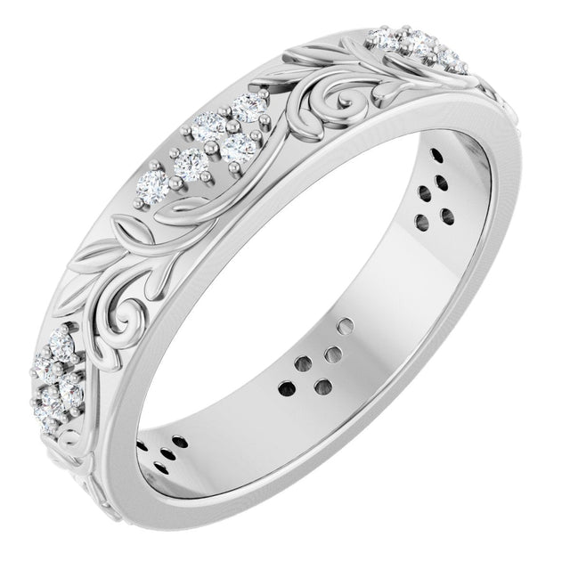 Platinum Round Lab-Grown Diamond Accented Floral Band - 1.5mm Stones