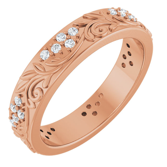 14K Gold Round Lab-Grown Diamond Accented Floral Band - 1.5mm Stones - Rose Gold