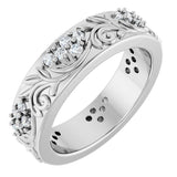 14K Gold Round Natural Diamond Accented Floral Band - 1.5mm Stones - White Gold