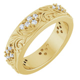 14K Gold Round Natural Diamond Accented Floral Band - 1.5mm Stones - Yellow Gold
