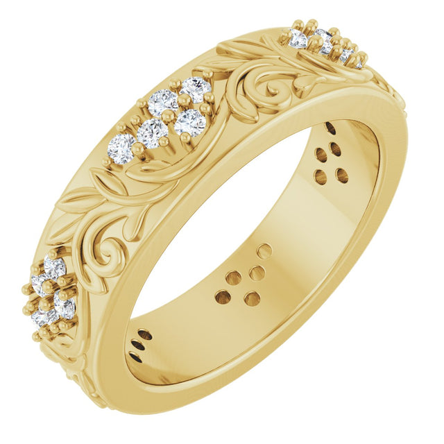 14K Gold Round Lab-Grown Diamond Accented Floral Band - 1.5mm Stones - Yellow Gold