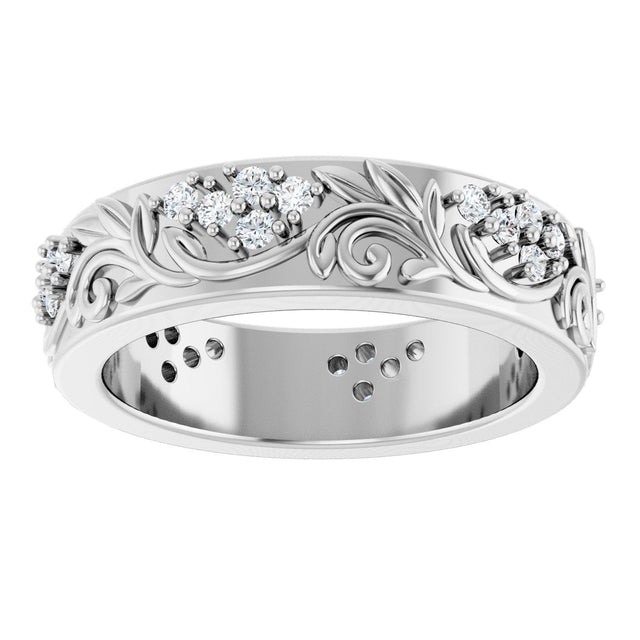 14K Gold Round Lab-Grown Diamond Accented Floral Band - 1.5mm Stones - White Gold - view 3