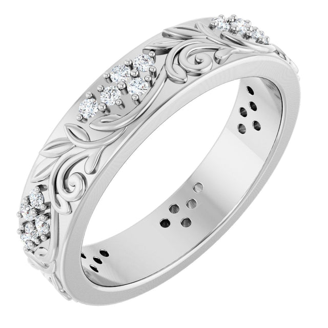 Platinum Round Lab-Grown Diamond Accented Floral Band - 1.5mm Stones