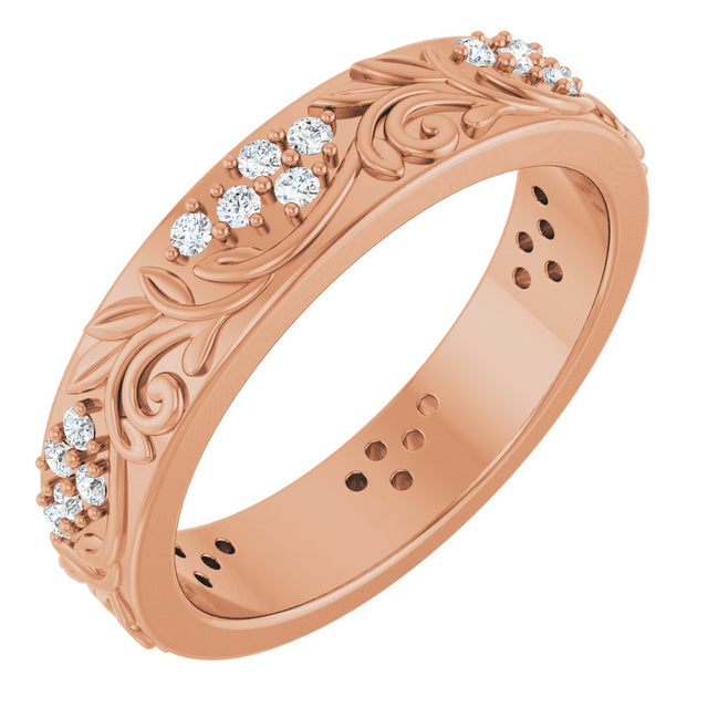 14K Gold Round Natural Diamond Accented Floral Band - 1.5mm Stones - Rose Gold
