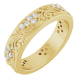 14K Gold Round Lab-Grown Diamond Accented Floral Band - 1.5mm Stones - Yellow Gold