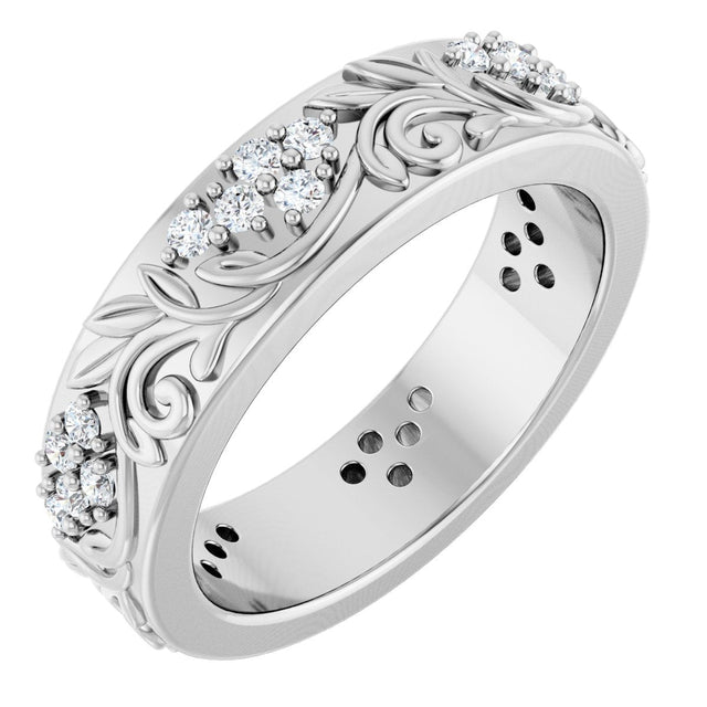Platinum Round Lab-Grown Diamond Accented Floral Band - 1.5mm Stones