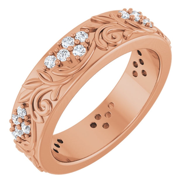 14K Gold Round Lab-Grown Diamond Accented Floral Band - 1.5mm Stones - Rose Gold