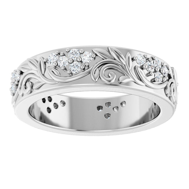 14K Gold Round Lab-Grown Diamond Accented Floral Band - 1.5mm Stones - White Gold - view 3