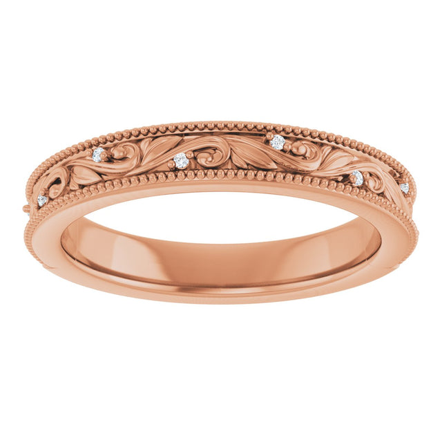 14K Gold Round Lab-Grown Diamond Milgrain Edge Accented Floral Band - 02-06 CTW - Rose Gold - view 3