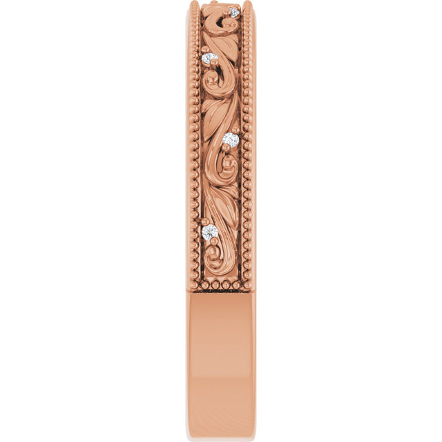 14K Gold Round Lab-Grown Diamond Milgrain Edge Accented Floral Band - 02-06 CTW - Rose Gold - view 4