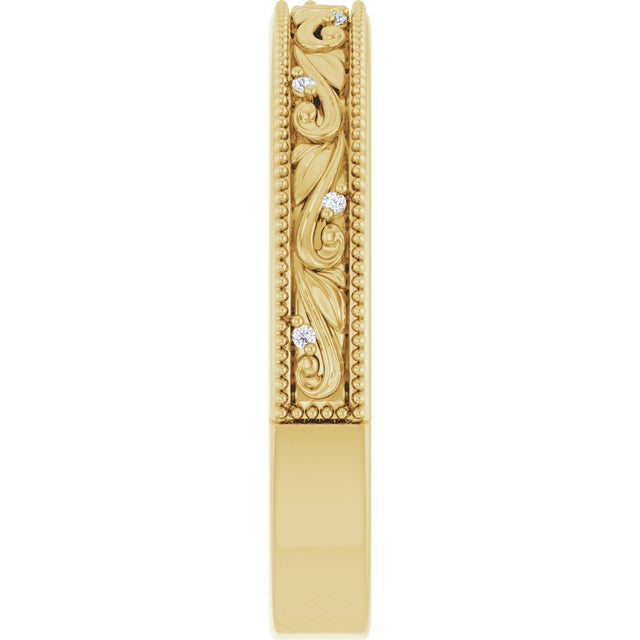 14K Gold Round Lab-Grown Diamond Milgrain Edge Accented Floral Band - 02-06 CTW - Yellow Gold - view 4