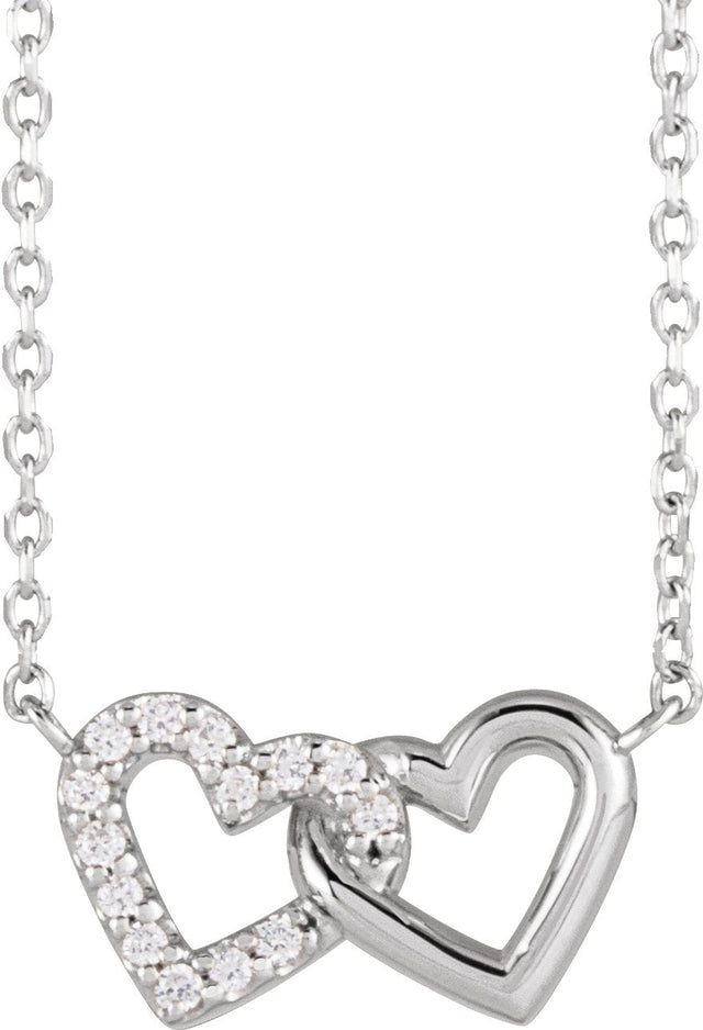 14K Gold Round Natural Diamond Interlocking Heart Necklace - White Gold