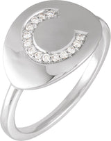 14K Gold Round Natural Diamond Accented Initial Signet Ring - White Gold