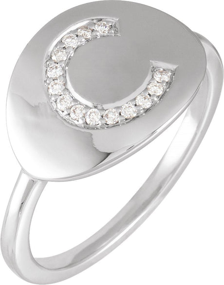 14K Gold Round Natural Diamond Accented Initial Signet Ring - White Gold