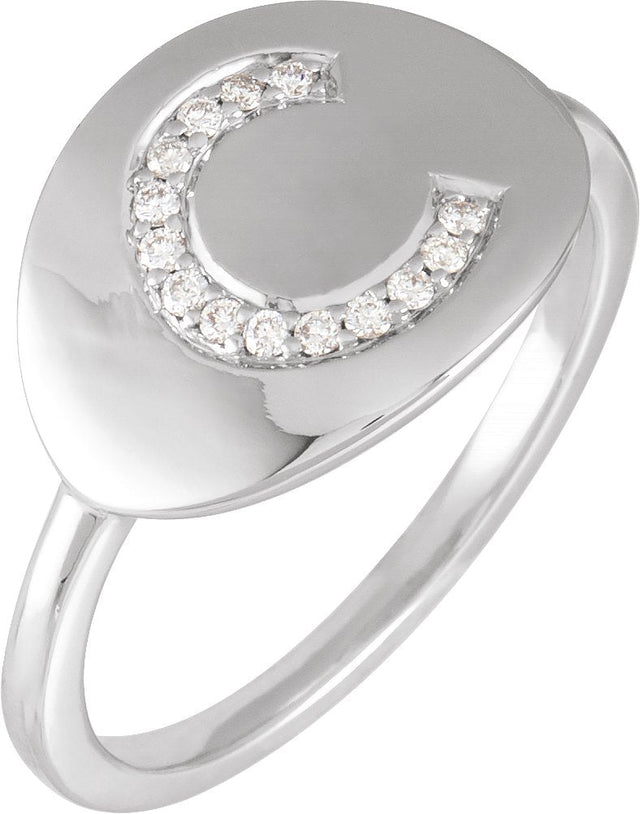 14K Gold Round Natural Diamond Accented Initial Signet Ring - White Gold