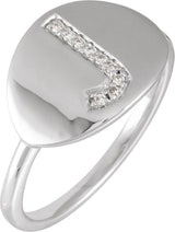14K Gold Round Natural Diamond Accented Initial Signet Ring - White Gold