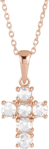 14K Gold Round Natural Diamond Rose-Cut Cross Necklace or Pendant - Rose Gold