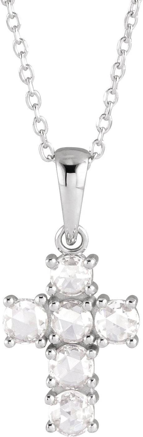 14K Gold Round Natural Diamond Rose-Cut Cross Necklace or Pendant - White Gold