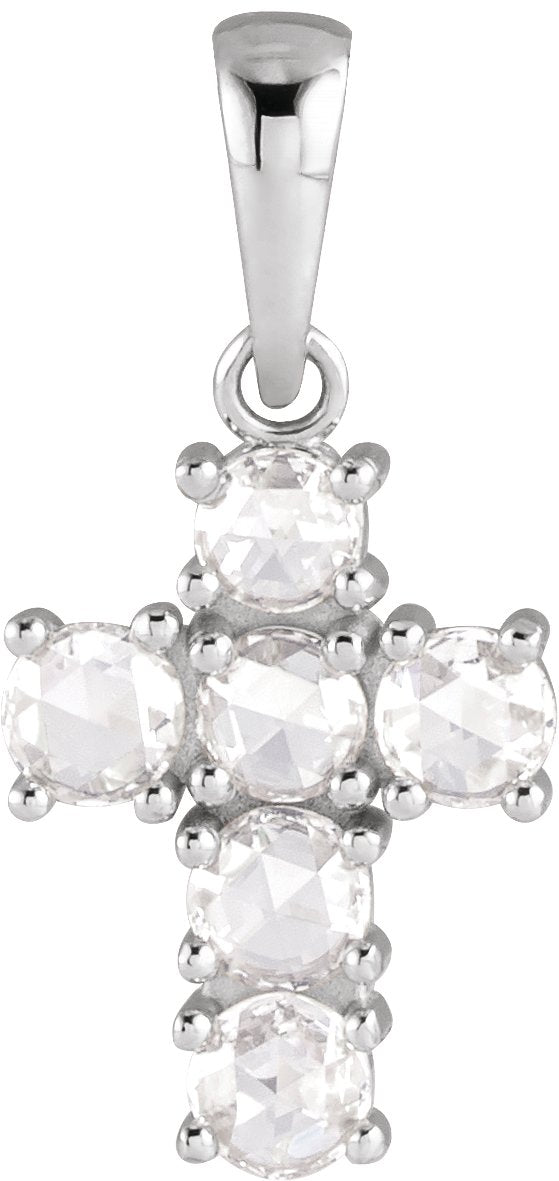 14K Gold Round Natural Diamond Rose-Cut Cross Necklace or Pendant - White Gold